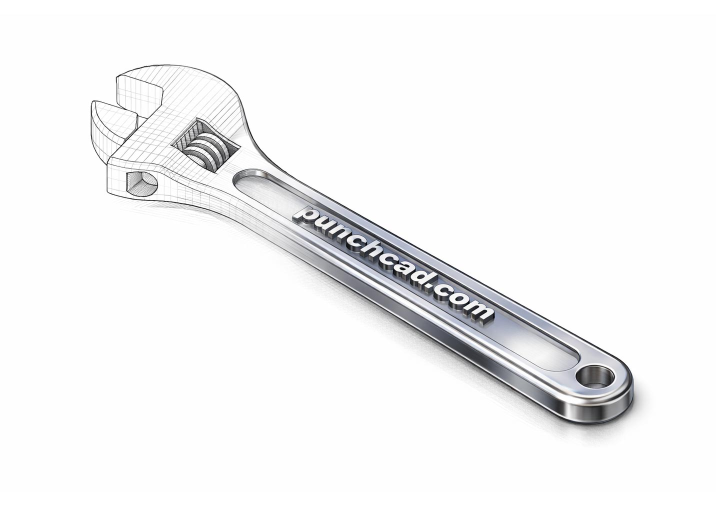 PunchCAD wrench showing a mesh to photoreal rendered transition